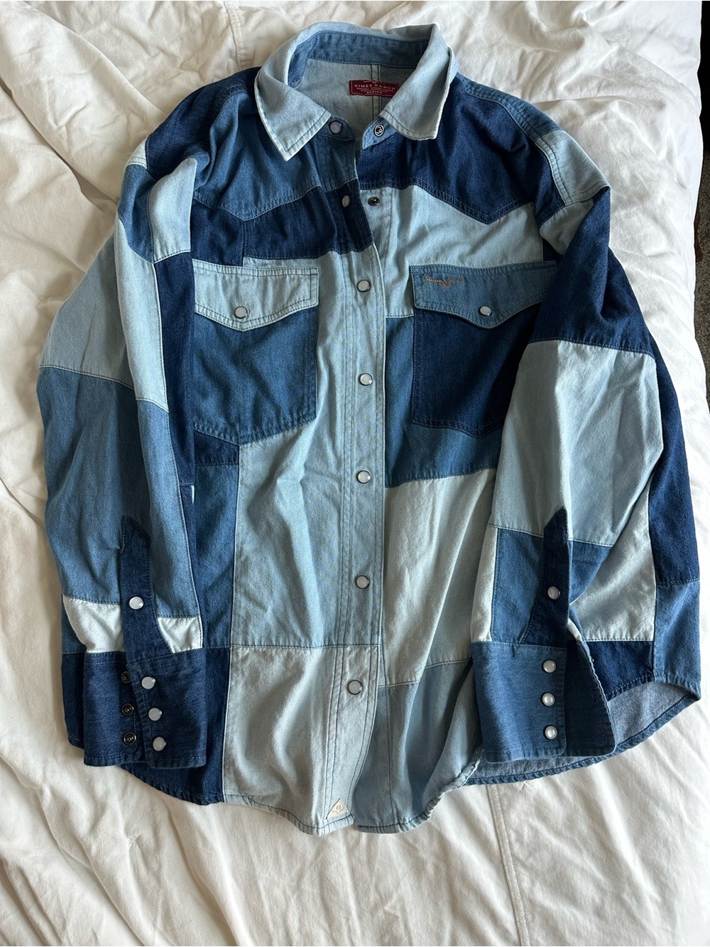 Kimes Ranch Patchwork Denim Western Shirt Jacket in Light and Dark Blue